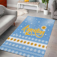 Argentina Christmas Area Rug with Blue-White Snowflake Pattern, Sun Emblem, and Gaucho Santa Riding Horse Motif - Wonder Print Shop