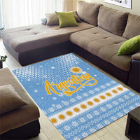 Argentina Christmas Area Rug with Blue-White Snowflake Pattern, Sun Emblem, and Gaucho Santa Riding Horse Motif - Wonder Print Shop