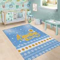 Argentina Christmas Area Rug with Blue-White Snowflake Pattern, Sun Emblem, and Gaucho Santa Riding Horse Motif - Wonder Print Shop