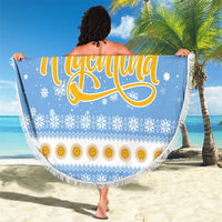 Argentina Christmas Beach Blanket with Blue-White Snowflake Pattern, Sun Emblem, and Gaucho Santa Riding Horse Motif - Wonder Print Shop