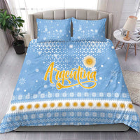 Argentina Christmas Bedding Set with Blue-White Snowflake Pattern, Sun Emblem, and Gaucho Santa Riding Horse Motif - Wonder Print Shop