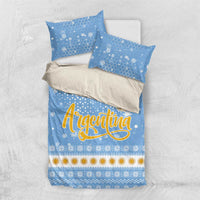 Argentina Christmas Bedding Set with Blue-White Snowflake Pattern, Sun Emblem, and Gaucho Santa Riding Horse Motif - Wonder Print Shop