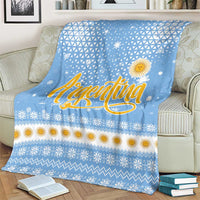 Argentina Christmas Blanket with Blue-White Snowflake Pattern, Sun Emblem, and Gaucho Santa Riding Horse Motif - Wonder Print Shop