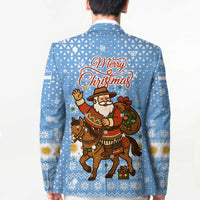 Argentina Christmas Blazer with Blue-White Snowflake Pattern, Sun Emblem, and Gaucho Santa Riding Horse Motif - Wonder Print Shop