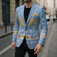 Argentina Christmas Blazer with Blue-White Snowflake Pattern, Sun Emblem, and Gaucho Santa Riding Horse Motif - Wonder Print Shop