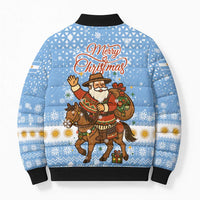 Argentina Christmas Bomber Puffer Jacket with Blue-White Snowflake Pattern, Sun Emblem, and Gaucho Santa Riding Horse Motif - Wonder Print Shop