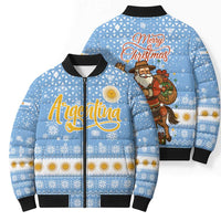 Argentina Christmas Bomber Puffer Jacket with Blue-White Snowflake Pattern, Sun Emblem, and Gaucho Santa Riding Horse Motif - Wonder Print Shop