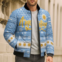 Argentina Christmas Bomber Puffer Jacket with Blue-White Snowflake Pattern, Sun Emblem, and Gaucho Santa Riding Horse Motif - Wonder Print Shop