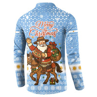 Argentina Christmas Button Sweatshirt with Blue-White Snowflake Pattern, Sun Emblem, and Gaucho Santa Riding Horse Motif - Wonder Print Shop
