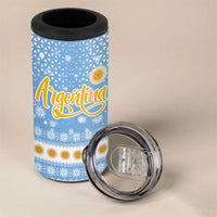 Argentina Christmas 4 in 1 Can Cooler Tumbler with Blue-White Snowflake Pattern, Sun Emblem, and Gaucho Santa Riding Horse Motif - Wonder Print Shop
