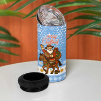 Argentina Christmas 4 in 1 Can Cooler Tumbler with Blue-White Snowflake Pattern, Sun Emblem, and Gaucho Santa Riding Horse Motif - Wonder Print Shop