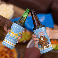 Argentina Christmas 4 in 1 Can Cooler Tumbler with Blue-White Snowflake Pattern, Sun Emblem, and Gaucho Santa Riding Horse Motif - Wonder Print Shop