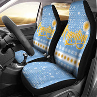 Argentina Christmas Car Seat Cover with Blue-White Snowflake Pattern, Sun Emblem, and Gaucho Santa Riding Horse Motif - Wonder Print Shop