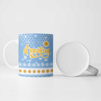 Argentina Christmas Ceramic Mug with Blue-White Snowflake Pattern, Sun Emblem, and Gaucho Santa Riding Horse Motif - Wonder Print Shop