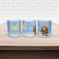 Argentina Christmas Ceramic Mug with Blue-White Snowflake Pattern, Sun Emblem, and Gaucho Santa Riding Horse Motif - Wonder Print Shop