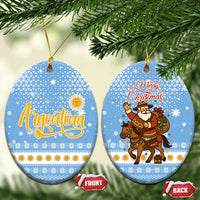 Argentina Christmas Ceramic Ornament with Blue-White Snowflake Pattern, Sun Emblem, and Gaucho Santa Riding Horse Motif - Wonder Print Shop