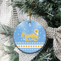 Argentina Christmas Ceramic Ornament with Blue-White Snowflake Pattern, Sun Emblem, and Gaucho Santa Riding Horse Motif - Wonder Print Shop