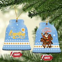 Argentina Christmas Ceramic Ornament with Blue-White Snowflake Pattern, Sun Emblem, and Gaucho Santa Riding Horse Motif - Wonder Print Shop