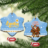 Argentina Christmas Ceramic Ornament with Blue-White Snowflake Pattern, Sun Emblem, and Gaucho Santa Riding Horse Motif - Wonder Print Shop