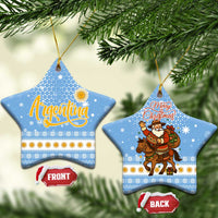Argentina Christmas Ceramic Ornament with Blue-White Snowflake Pattern, Sun Emblem, and Gaucho Santa Riding Horse Motif - Wonder Print Shop