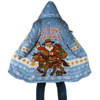 Argentina Christmas Cloak with Blue-White Snowflake Pattern, Sun Emblem, and Gaucho Santa Riding Horse Motif - Wonder Print Shop