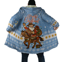 Argentina Christmas Cloak with Blue-White Snowflake Pattern, Sun Emblem, and Gaucho Santa Riding Horse Motif - Wonder Print Shop