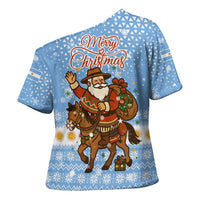 Argentina Christmas Cross Shoulder Shirt with Blue-White Snowflake Pattern, Sun Emblem, and Gaucho Santa Riding Horse Motif - Wonder Print Shop