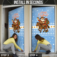Argentina Christmas Door Cover with Blue-White Snowflake Pattern, Sun Emblem, and Gaucho Santa Riding Horse Motif - Wonder Print Shop