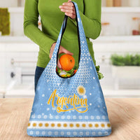 Argentina Christmas Grocery Bag with Blue-White Snowflake Pattern, Sun Emblem, and Gaucho Santa Riding Horse Motif - Wonder Print Shop