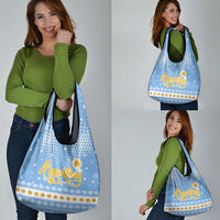 Argentina Christmas Grocery Bag with Blue-White Snowflake Pattern, Sun Emblem, and Gaucho Santa Riding Horse Motif - Wonder Print Shop