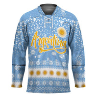 Argentina Christmas Hockey Jersey with Blue-White Snowflake Pattern, Sun Emblem, and Gaucho Santa Riding Horse Motif - Wonder Print Shop