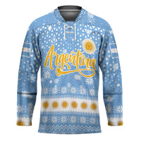 Argentina Christmas Hockey Jersey with Blue-White Snowflake Pattern, Sun Emblem, and Gaucho Santa Riding Horse Motif - Wonder Print Shop