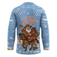Argentina Christmas Hockey Jersey with Blue-White Snowflake Pattern, Sun Emblem, and Gaucho Santa Riding Horse Motif - Wonder Print Shop