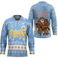 Argentina Christmas Hockey Jersey with Blue-White Snowflake Pattern, Sun Emblem, and Gaucho Santa Riding Horse Motif - Wonder Print Shop