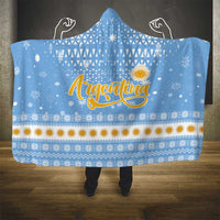 Argentina Christmas Hooded Blanket with Blue-White Snowflake Pattern, Sun Emblem, and Gaucho Santa Riding Horse Motif - Wonder Print Shop