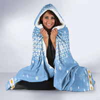Argentina Christmas Hooded Blanket with Blue-White Snowflake Pattern, Sun Emblem, and Gaucho Santa Riding Horse Motif - Wonder Print Shop