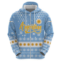 Argentina Christmas Hoodie with Blue-White Snowflake Pattern, Sun Emblem, and Gaucho Santa Riding Horse Motif - Wonder Print Shop