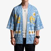 Argentina Christmas Kimono with Blue-White Snowflake Pattern, Sun Emblem, and Gaucho Santa Riding Horse Motif - Wonder Print Shop
