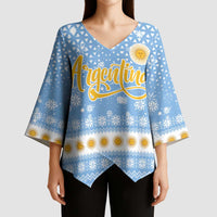 Argentina Christmas Kimono Sleeve Blouse with Blue-White Snowflake Pattern, Sun Emblem, and Gaucho Santa Riding Horse Motif - Wonder Print Shop