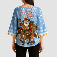 Argentina Christmas Kimono Sleeve Blouse with Blue-White Snowflake Pattern, Sun Emblem, and Gaucho Santa Riding Horse Motif - Wonder Print Shop