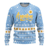 Argentina Christmas Ugly Christmas Sweater with Blue-White Snowflake Pattern, Sun Emblem, and Gaucho Santa Riding Horse Motif - Wonder Print Shop