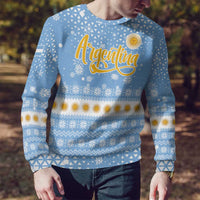 Argentina Christmas Ugly Christmas Sweater with Blue-White Snowflake Pattern, Sun Emblem, and Gaucho Santa Riding Horse Motif - Wonder Print Shop