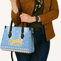 Argentina Christmas Leather Bag with Blue-White Snowflake Pattern, Sun Emblem, and Gaucho Santa Riding Horse Motif - Wonder Print Shop