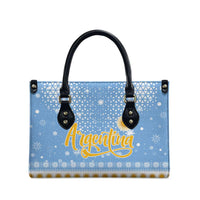 Argentina Christmas Leather Bag with Blue-White Snowflake Pattern, Sun Emblem, and Gaucho Santa Riding Horse Motif - Wonder Print Shop