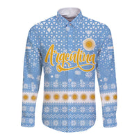 Argentina Christmas Long Sleeve Button Shirt with Blue-White Snowflake Pattern, Sun Emblem, and Gaucho Santa Riding Horse Motif - Wonder Print Shop