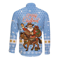 Argentina Christmas Long Sleeve Button Shirt with Blue-White Snowflake Pattern, Sun Emblem, and Gaucho Santa Riding Horse Motif - Wonder Print Shop