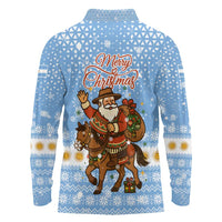 Argentina Christmas Long Sleeve Polo Shirt with Blue-White Snowflake Pattern, Sun Emblem, and Gaucho Santa Riding Horse Motif - Wonder Print Shop
