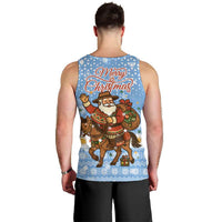 Argentina Christmas Men Tank Top with Blue-White Snowflake Pattern, Sun Emblem, and Gaucho Santa Riding Horse Motif - Wonder Print Shop