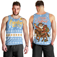 Argentina Christmas Men Tank Top with Blue-White Snowflake Pattern, Sun Emblem, and Gaucho Santa Riding Horse Motif - Wonder Print Shop