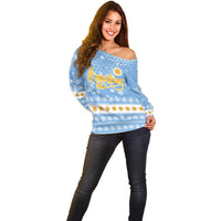Argentina Christmas Off Shoulder Sweater with Blue-White Snowflake Pattern, Sun Emblem, and Gaucho Santa Riding Horse Motif - Wonder Print Shop